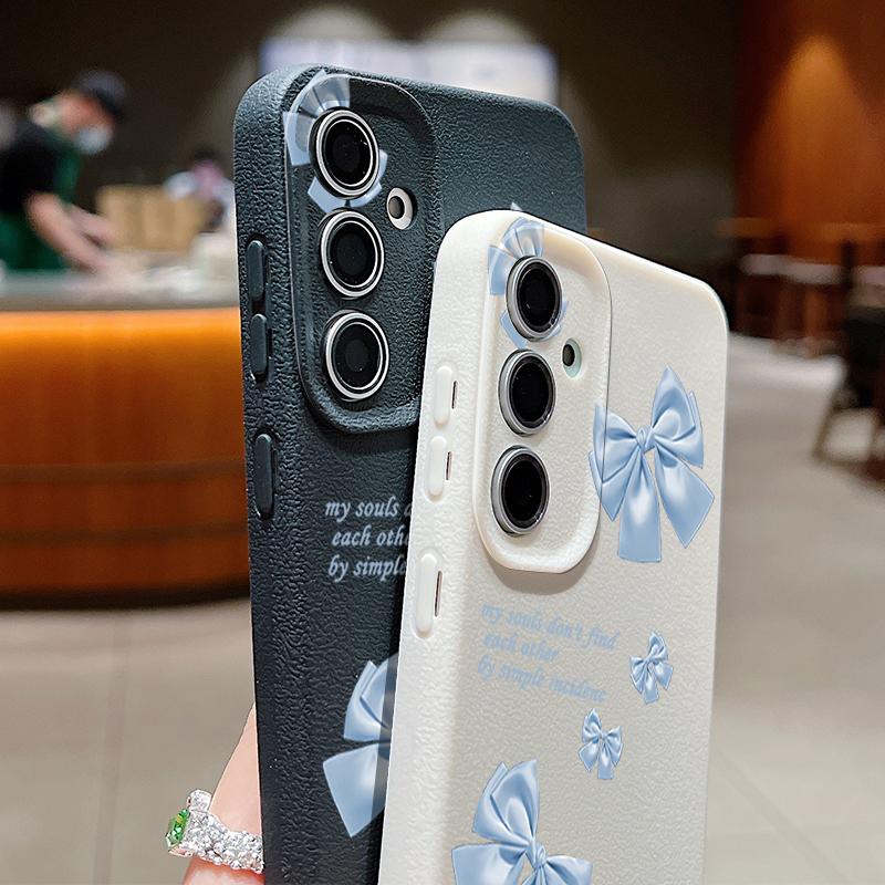 Blue Bowknot Pattern Leather Texture Plain Color Shell for Samsung S25 Ultra S24 Fe S23 S22 A56 A16 A15 A55 Soft Silicone Shockproof Matte Case