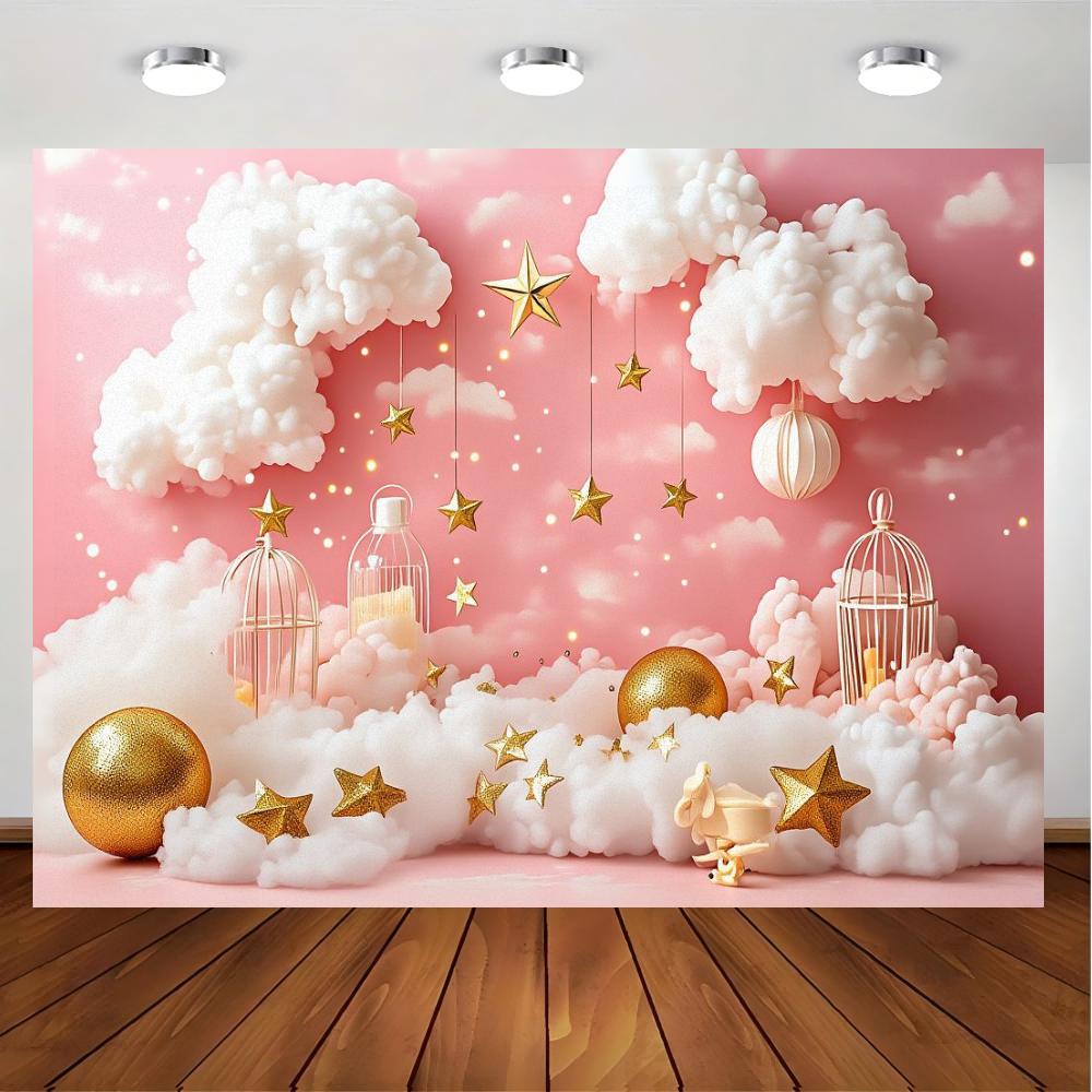 1pc fantasy fairy tale scene banner pink background sky with floating clouds and stars birdcage candlestick decoration holi 150x100 CM