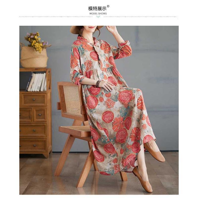Vintage Printed Loose Lace Long Sleeve Hem Long Dresses