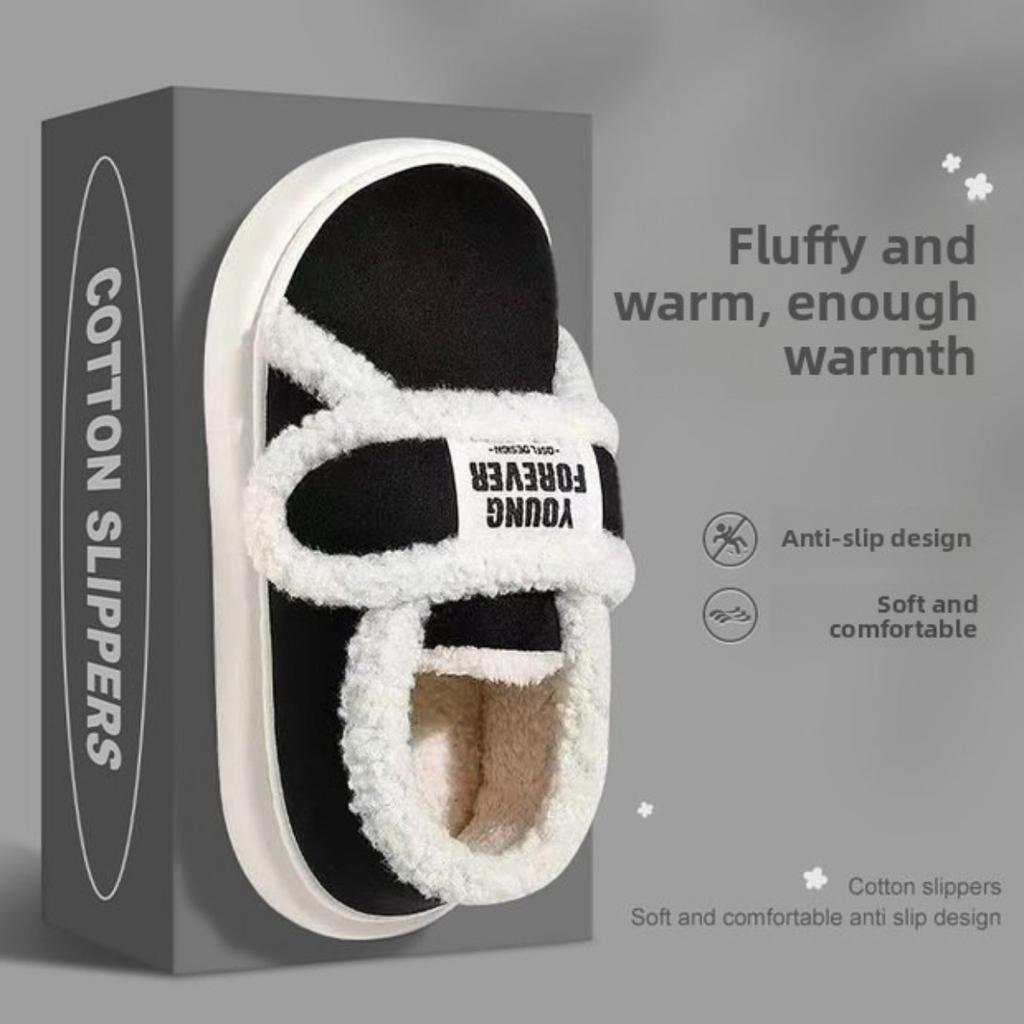 Cotton Slippers for Women To Wear Outdoors In Winter, Indoor Home with Thick Soles and Plush Insulation Bag and Velcro Cotton Shoes