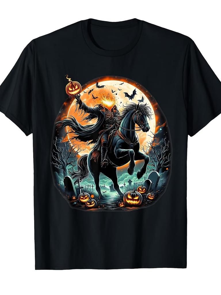 Cavaliere Senza Testa Zucca Spaventoso Halloween T-Shirt Stesso Stile per Uomo e Donna