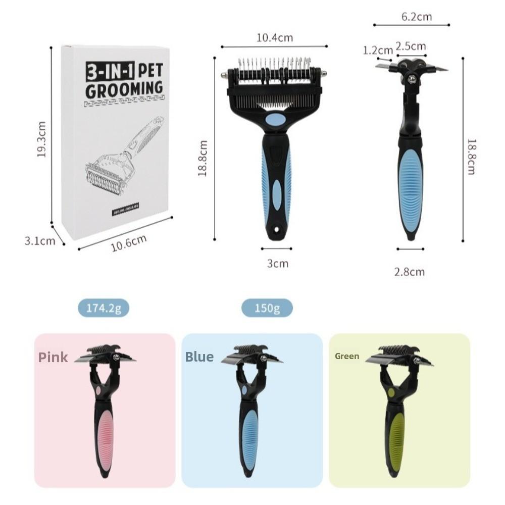 3 In 1 Pet Deshedding Brush Stainless Steel Blade Anti-slip Handle Pet Fur Knot Cutter Portable Pet Grooming Puppy Cat Comb