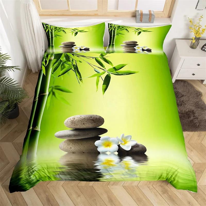 Zen Stones King Duvet Cover Sandy Beach Bedding Set Microfiber Purple Phalaenopsis Comforter Cover Meditation Bedspread Cover