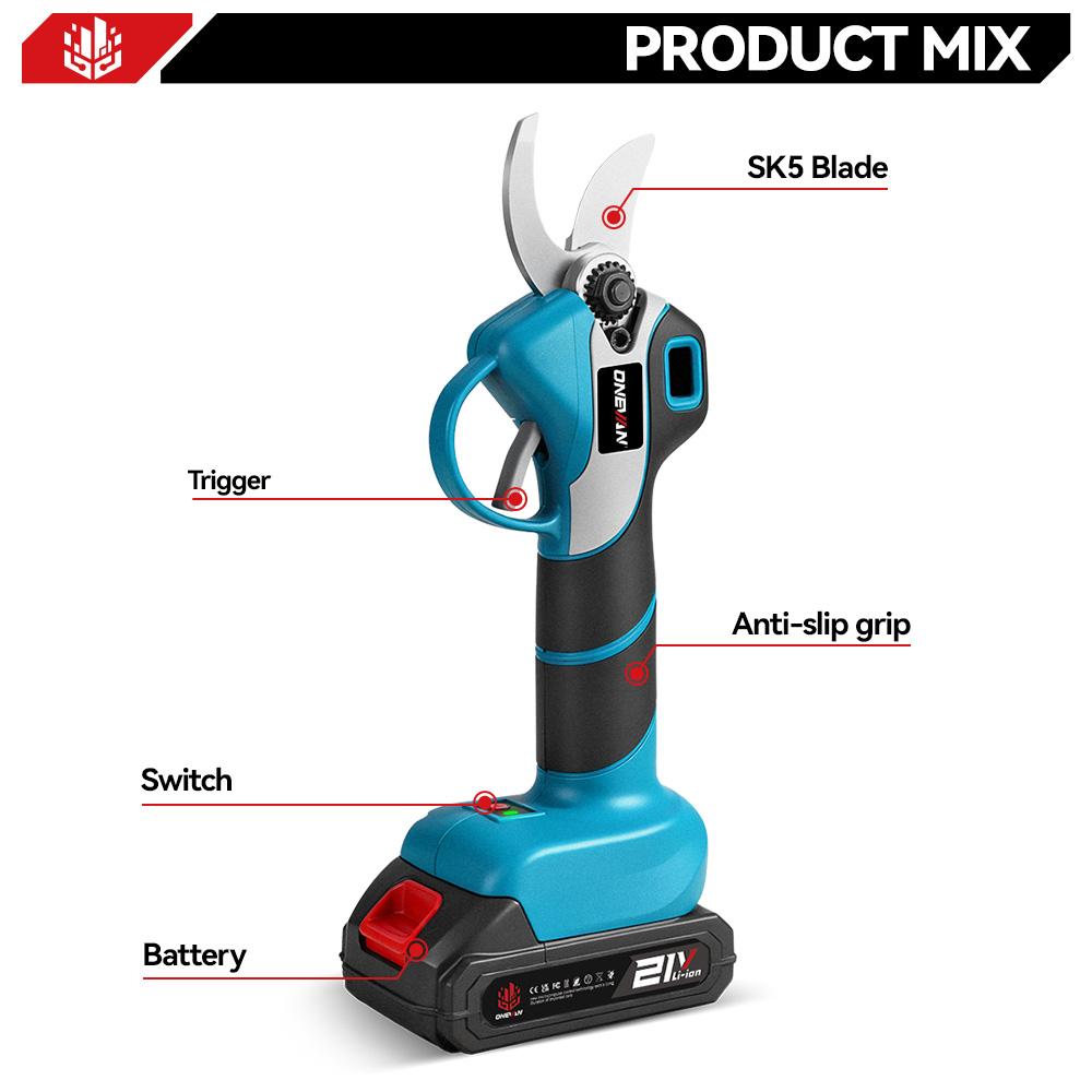 ONEVAN 30mm Brushless Electric Pruning Shear Cordless Scissor Tree Pruner Branch Cutter Garden Power Tool For Makita Battery Pin