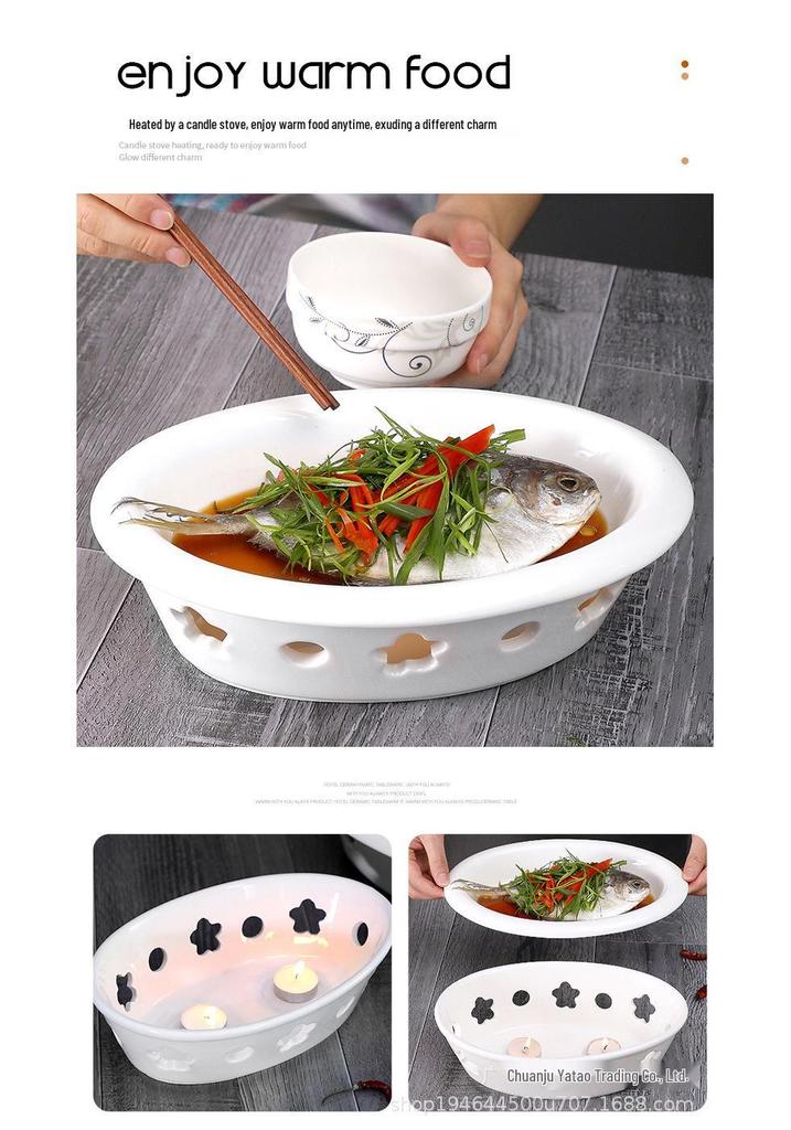 Ceramic Egg-Shaped Plum Blossom Grilled Fish and Warming Plate with White Round Heating Dry Pot Stove.