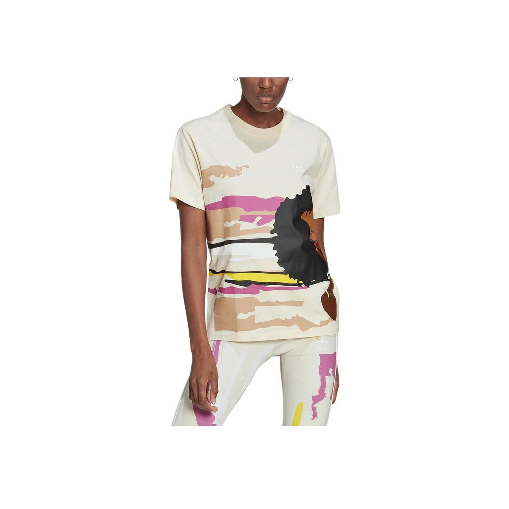 Adidas Originals Trefoil Reg T-Shirt Abstract Pattern Print Crew Neck Short Sleeve Women Tops Beige HK5200