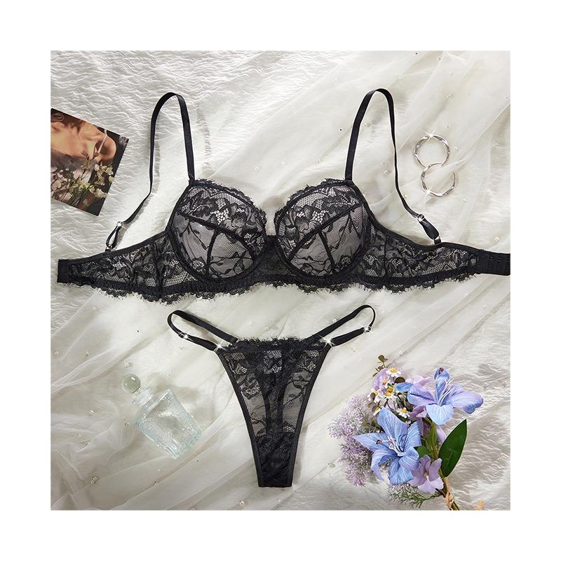 Sexy Black Lace Fun Underwear Flower Embroidery Breathable Breast Bra Thong Set