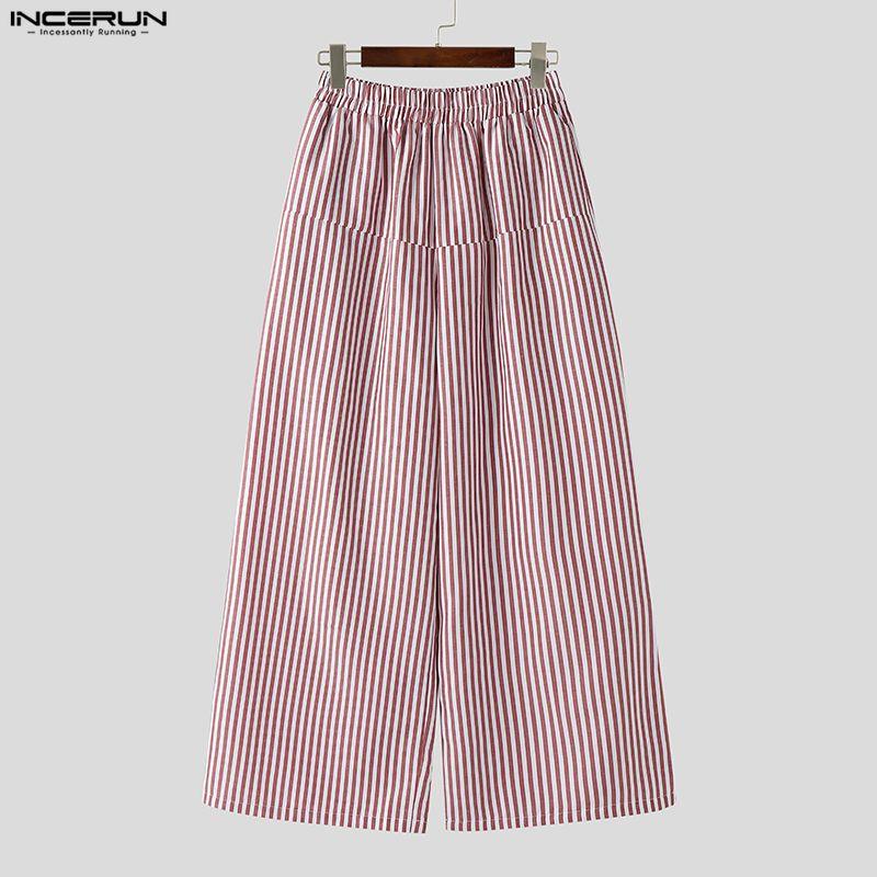 INCERUN Men Elastic Waist Casual Loose Striped Wide Leg Trousers Long Palazzo Pants
