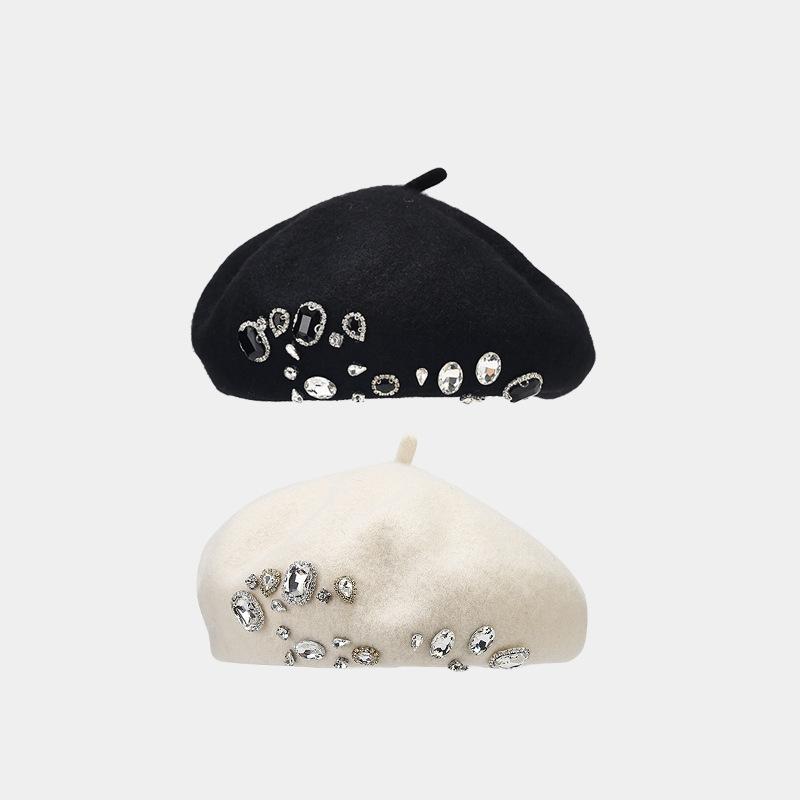 Wool painter hat retro versatile bud hat autumn and winter Internet celebrity fashion rhinestone beret