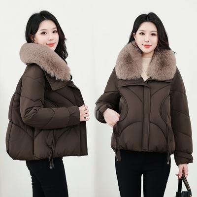 Womens Short Puffer Coat With Faux Fur Collar Winter 2026 Thick Warm Loose Fit Korean Style Cotton Jacket