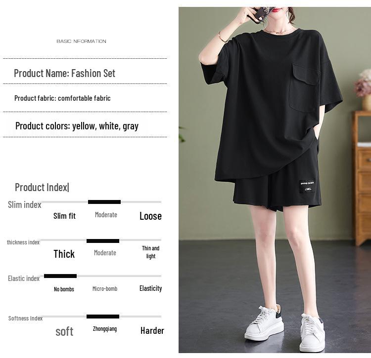 Women's Fashionable European Style Short-Sleeved Two-Piece Suits with Pockets, Plus-Size, Slimming Shorts, Casual Design.