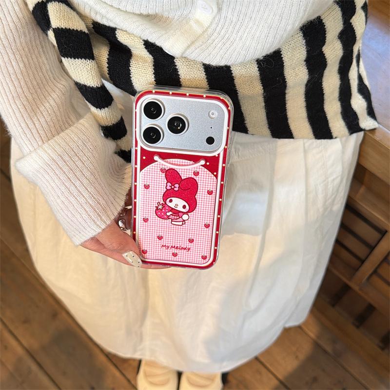 Aesthetic Red Strawberry My Melody Phone Case For iPhone 17 16 15 14 Pro Max Cute Polka Dot Gingham Stand Protective Cover for W