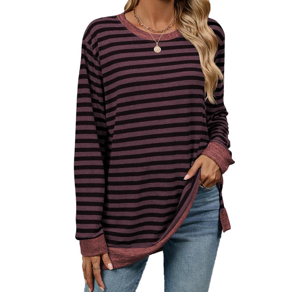 Autumn and Winter Women's Blouse Plus Size Striped Clashing Round Neck Long Sleeve Loose Top