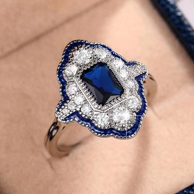 Vintage Großer quadratischer blauer Zirkon CZ Ring für Frauen Silber Hochzeit Verlobungsringe Fingerschmuck