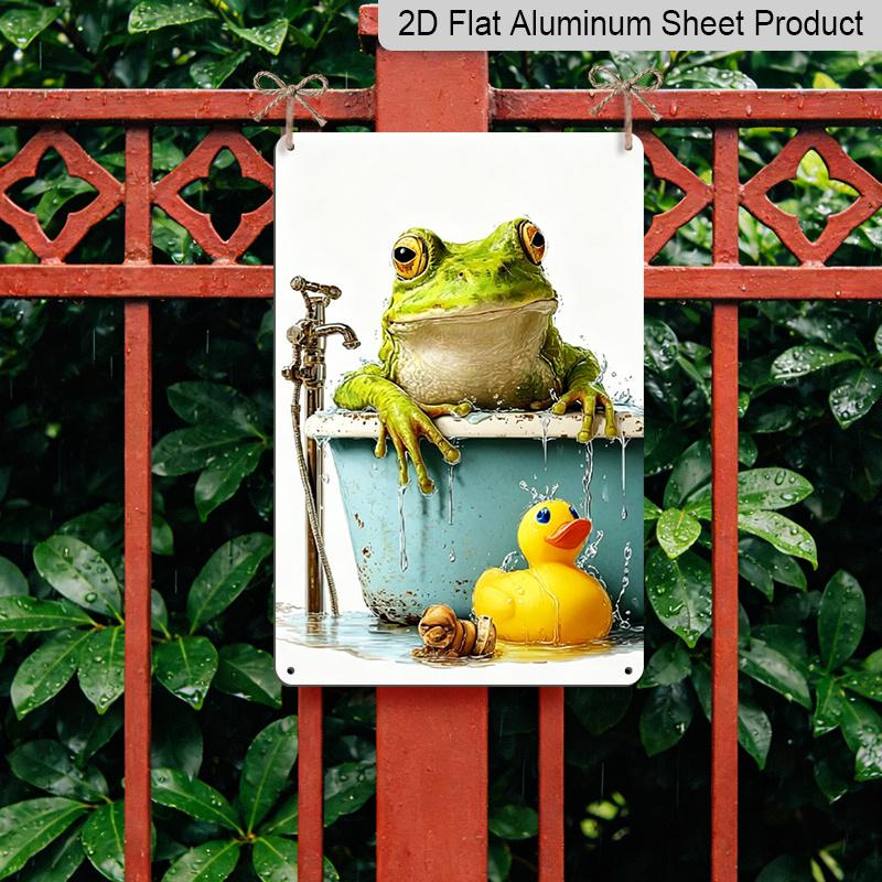 2D Flat, Retro Frog in Bathtub Aluminum Wall Sign - Vintage French Decor Suitable for Home, for Man Cave, Bars, Cafes | Indoor/Outdoor Bathroom