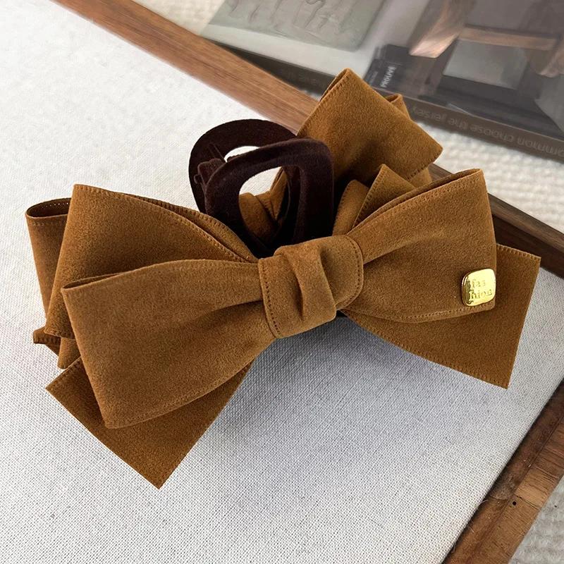 Fashion Bow Hair Claw Shark Clip Retro Suede Velvet Solid Color Hairpins for Womens Temperament Hair Clips Female Headdress Gift