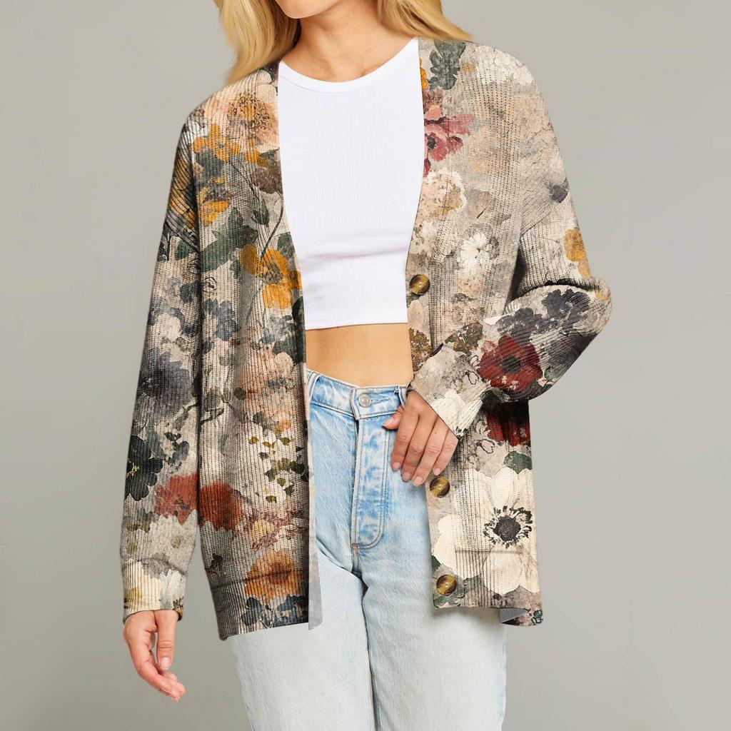 Women's Fashion Long Sleeve Print V-Neck Button Loose Cardigan Top