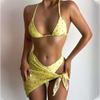 Yellow Floral Print Swimwear Mesh Cove Ups 3 Piece Bikini Set Damen Sexy Swimsuit Women 2026 Beach Wear Bikinis Swimming Wear