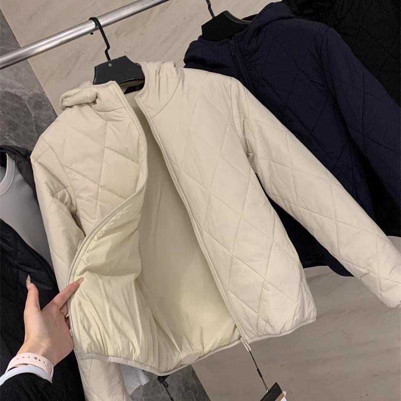 Japanese Unisex Diamond Pattern Hooded Jacket - High-Quality, Warm, Padded, Casual Cotton Outerwear for Autumn/Winter.