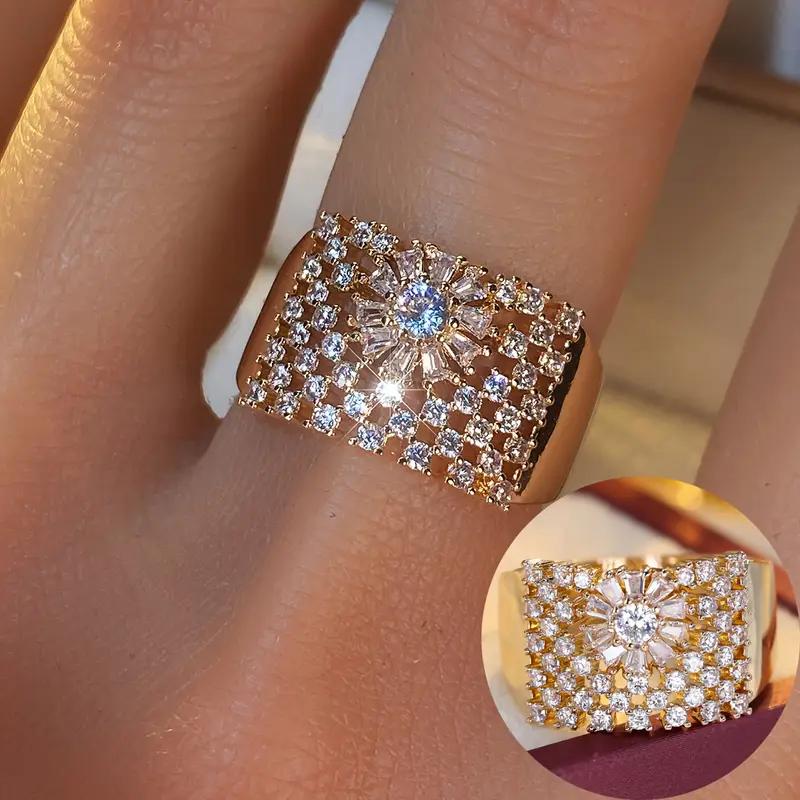 Huitan Brilliant Cubic Zirconia Ring for Women Gold Color/CopperColor Finger Jewelry Wide Band Accessories for Engagement Party