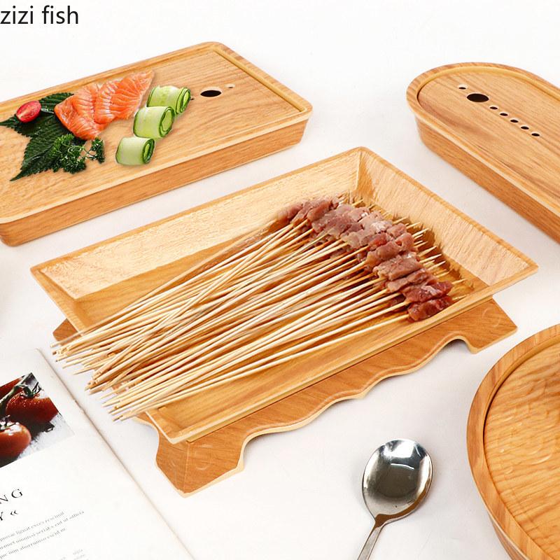Wood Grain Melamine Plate Hot Pot Restaurant Dry Ice Plate Sashimi Plates Serving Plates Fruit Dish Dessert Bowl Snack Tray