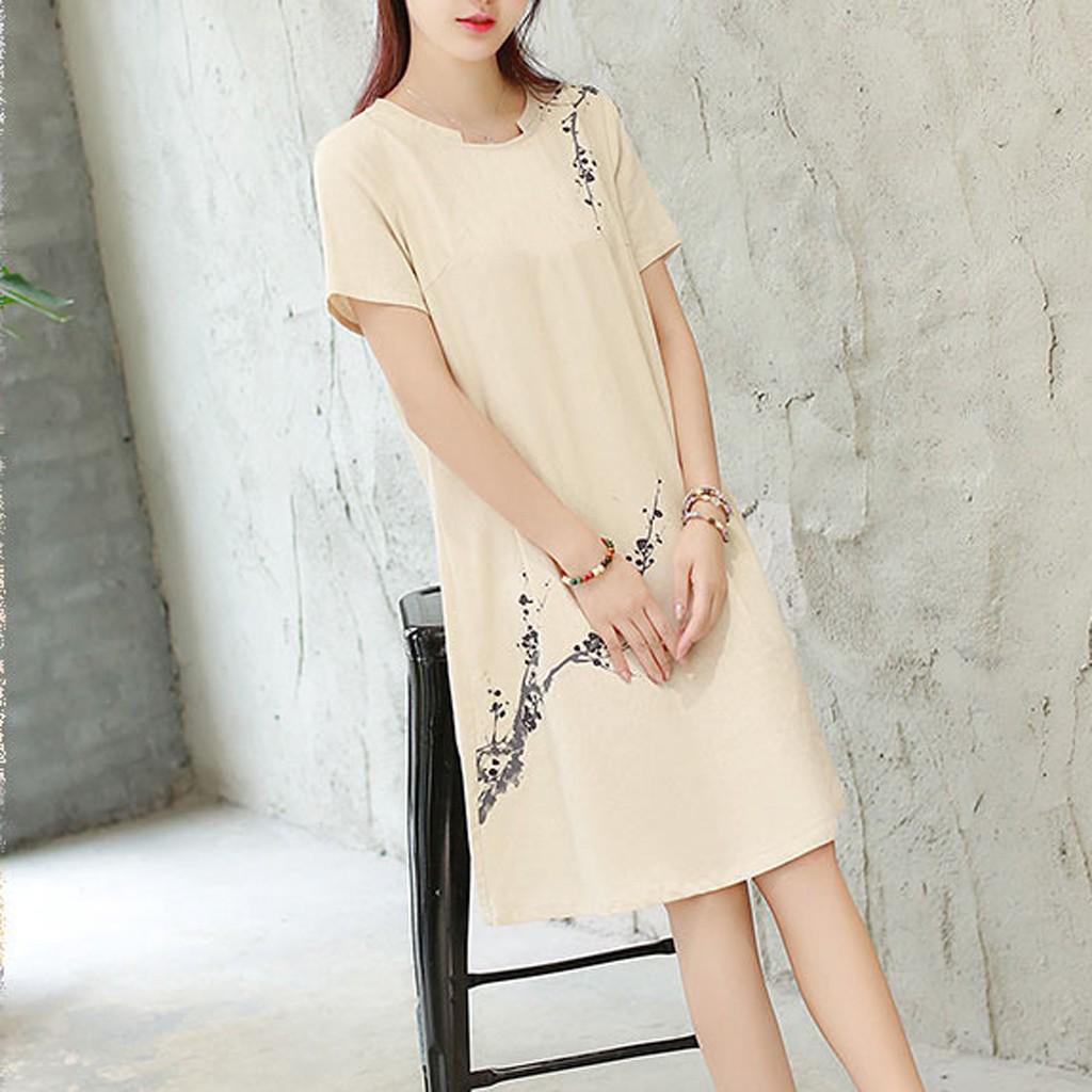 Fashion Women Summer Short Sleeve  knee length Printing Dress
