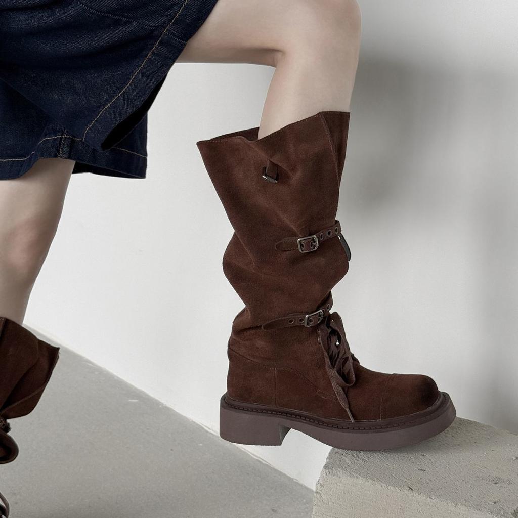 2025 new western cowboy boots retro knight boots women's medium boots medium thick heel thick bottom pile long boots