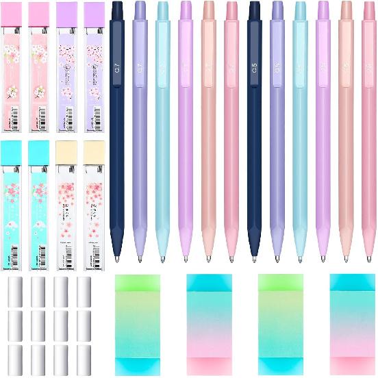 Yexiya 36 Pcs Mechanical Pencil Set, 12 Pastel Cute Mechanical Pencils with 8 Tubes HB Resin Refills, 4 Pcs Erasers and 12 Cap Eraser Refills for