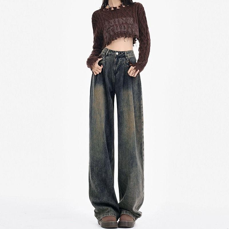 

High Waist Crimp Khaki Wide Leg Denim Women 2025 Spring & Fall New Design Sense Drape Loose Straight Pants