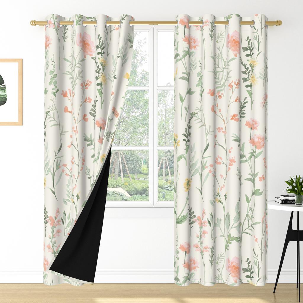 Set Of 2 Floral Pattern Curtains Botanical Design Bedroom Living Room Window Decor Home Drapes Darkening Made Polyester Treatment