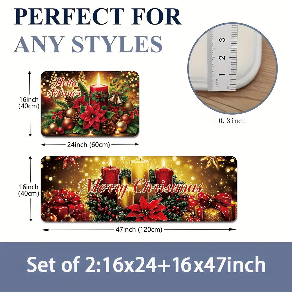 2Pcs Anti Fatigue Kitchen Rugs Merry Christmas Ball Waterproof Non-Slip Thick Cushioned Kitchen Mat Heavy Duty Comfort Standing Mat for Kitchen