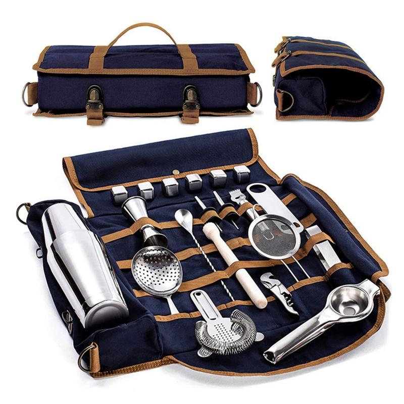 Travel Bartender Kit Bag Outdoor Toolkit Convenient Bartending Toolkit Cowhide Canvas Bag Anti-Slip and Wear-Resistant