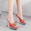 Fashion New 12CM Fashion Wedding Sexy Car Model Transparent Nightclub Crystal Square Head Non-slip Slippers Wedding Shoes