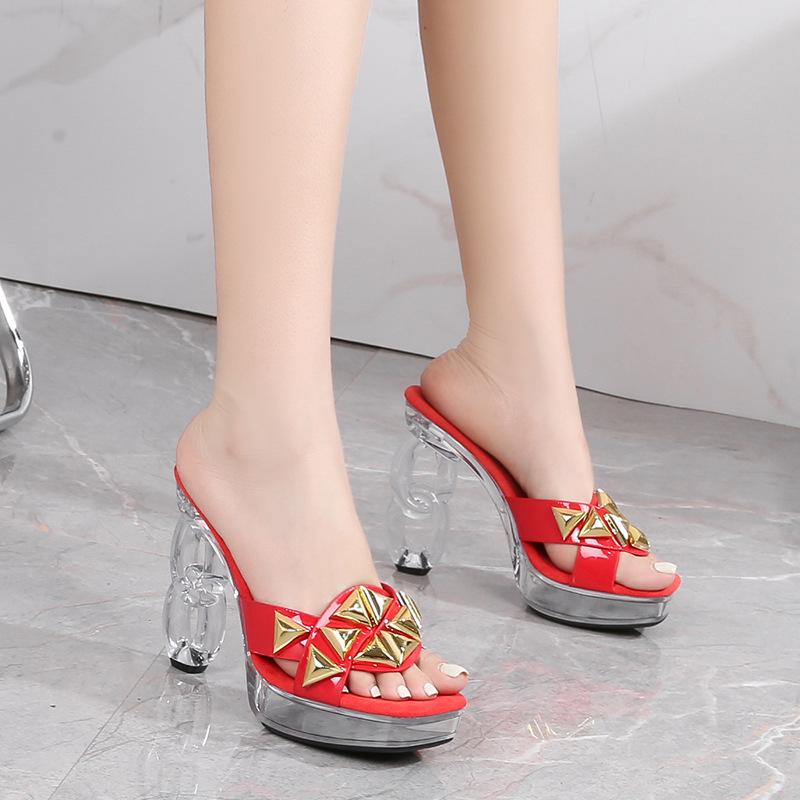 Fashion New 12CM Fashion Wedding Sexy Car Model Transparent Nightclub Crystal Square Head Non-slip Slippers Wedding Shoes