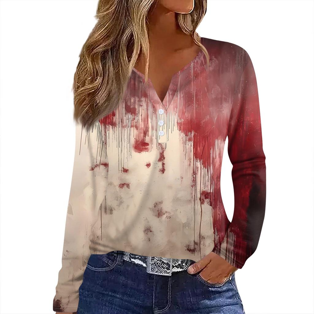 Women's T Shirt Tee HAlloween Print Button Long Sleeve Daily Weekend Fashion Basic V- Neck Regular Top