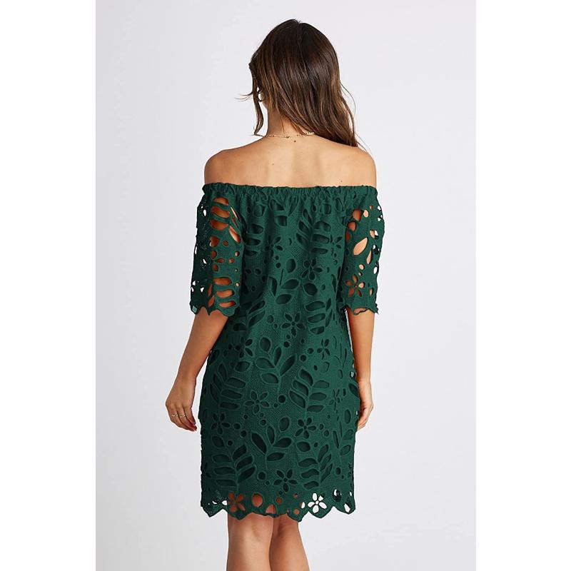 Mini Abito Estivo da Donna Scollo Bardot con Pizzo Floreale a Occhiolino Scollato Manica Corta Casual per Spiaggia Vacanza Festa