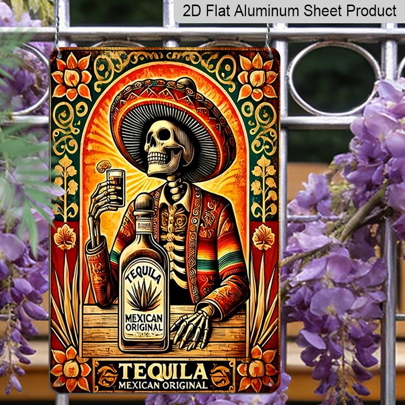 2D Flat - 1pc Vintage Tequila Metal Sign | Mexican-Themed Sombrero Skeleton & Tequila Bottle Art - Heavy-Duty Aluminum Poster - Easy Hang With