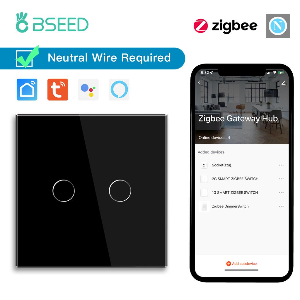 BSEED 1/2/3Gang Zigbee Wall Touch Switches Plus EU Sockets Double Triple Light Switches Tuya Smart Life App Neutral Required