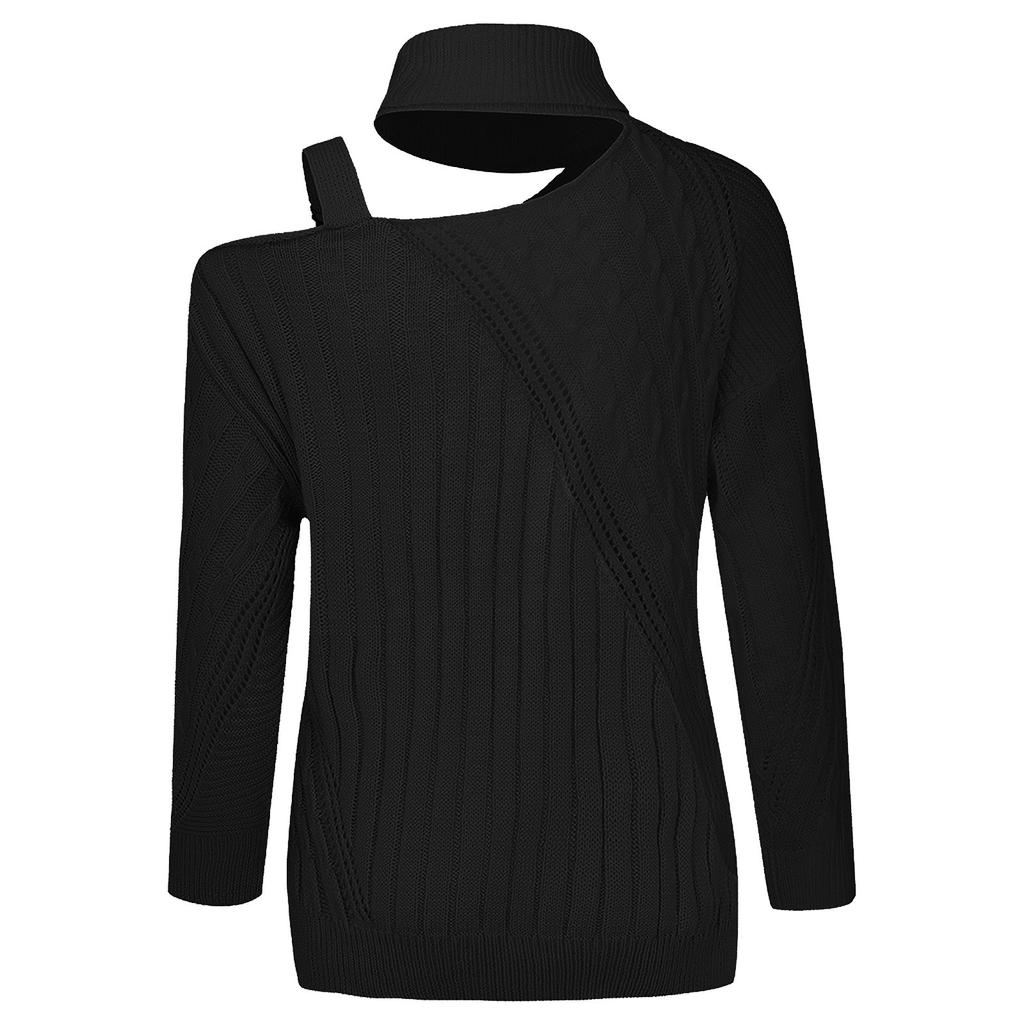 Women's  And Winter Casual Loose Solid Color Stitching Long-sleeved Stand Collar One Side Strapless Knit Sweater Top