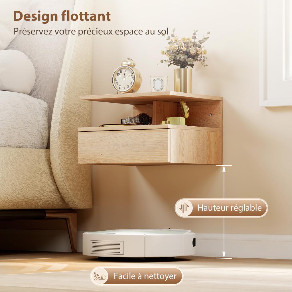 Set of 2 Wall-Mounted Nightstands, Drawer and Open Shelf, 35x32x22.5 cm, Oak
