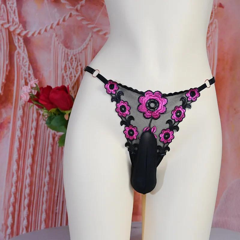 75 kg Große Größe Sissy Pouch Höschen Verstellbarer Bund T-Hose Transparente Stickerei Niedrige Taille G-String Kugel Trennung Dessous
