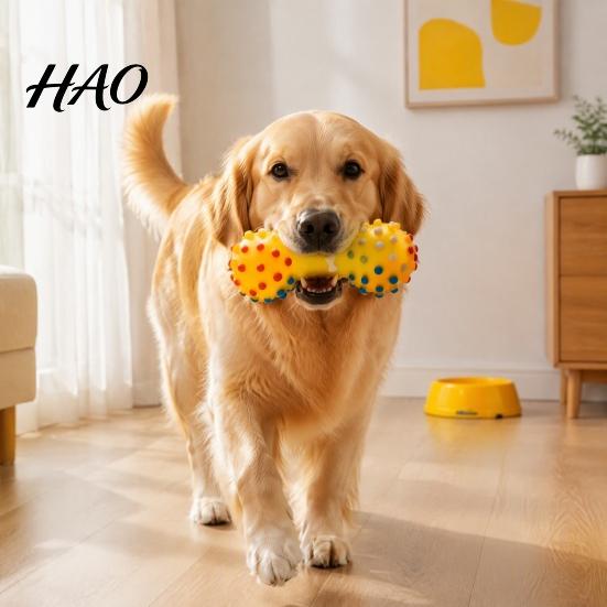 Oral Health Care Dog Toys Squeaky Dumbbell Toy, Vinyl Chew Spiky Teeth Safe Non-Toxic Cleaning Toy for Small Large Dogs Interactive Play Bright