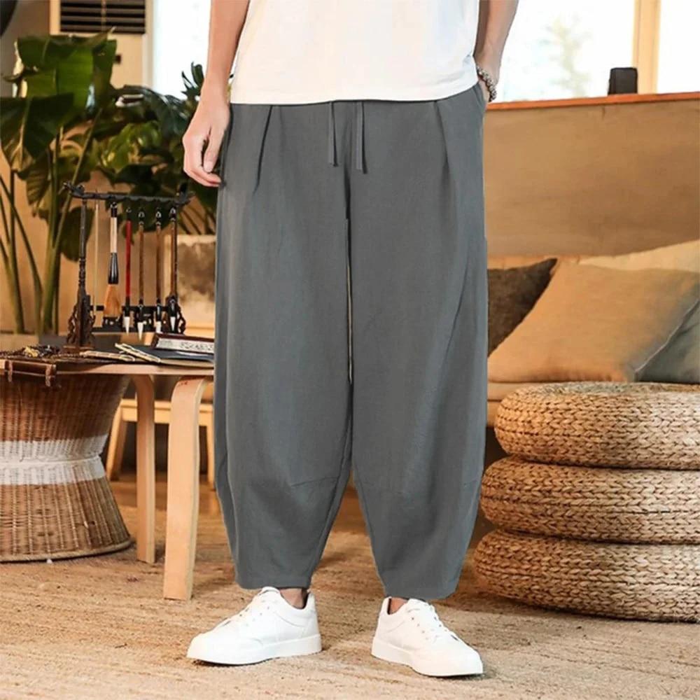 Męskie spodnie bawełniane i lniane Męskie letnie oddychające Nowe, jednokolorowe Męskie luźne spodnie fitness Baggy Streetwear Plus Size