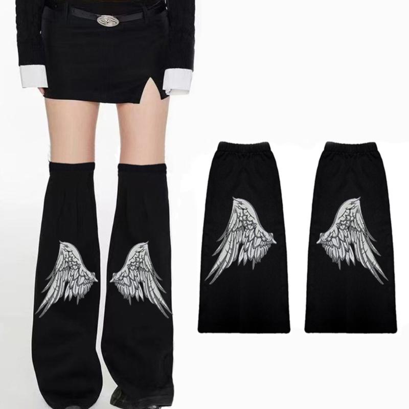 Women Harajuku Overknee Black Denims Leg Warmers Punk Angel Wing Print Flared Baggy Boot Covers Long Socks Streetwear