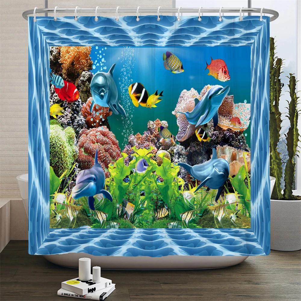3D Bathroom Curtains Ocean Fish Jellyfish Shell Starfish Dolphin Anchor Shower Curtain Waterproof Fabric Cartoon Boy Bath Screen