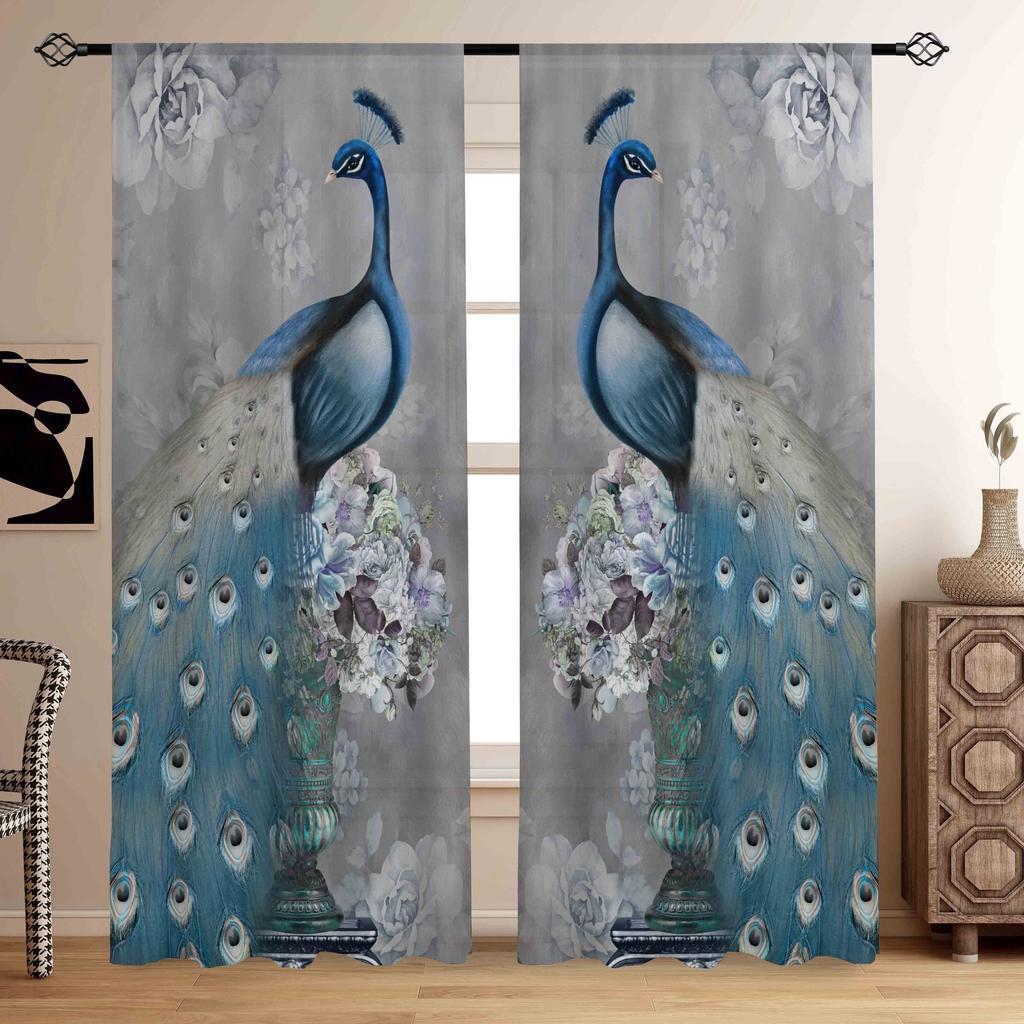 3D Animal Peacock Flower Retro Style Curtains Window Treatment for Bedroom Office Kitchen Living Room Study Home Decor 2 Pieces