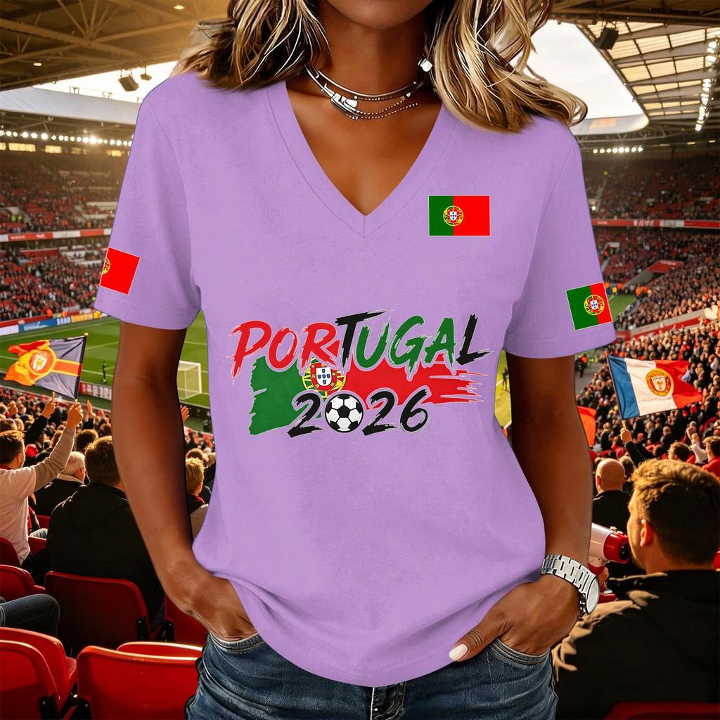 Women's Casual V Neck Short Sleeve Pullover Top with Soccer Flag Print Portugal 2026 Support Shirt for Fans and Sports Events