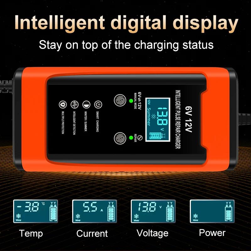 6V 12V 6A Car Battery Charger Universal Smart Fast Charge Cycle GEL Lead-Acid Charger Auto Motorcycle Pulse Repair LCD Display