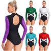 Womens Shiny Sequin Gymnastic Leotard Contrast Color Long Sleeve Back Hollow Out One Piece Bodysuit Figure Skating Wear
