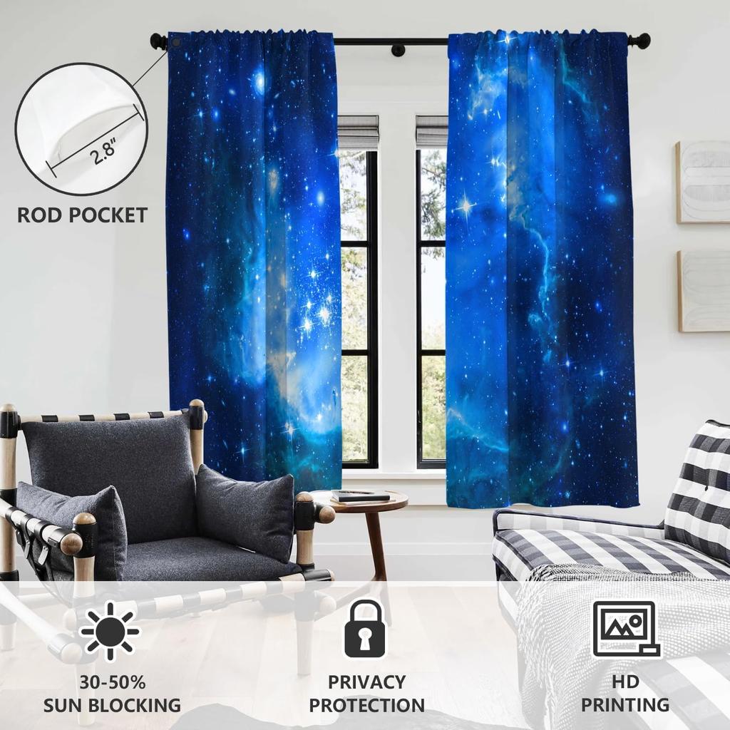 Galaxy Window Curtain Blue Outer Space Star Kids Boys Men Celestial Cloud Universe Trippy Cool Anime Living Room Bedroom Rod
